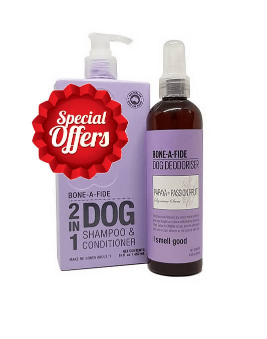 Papaya + Passionfruit 2 in 1 Dog Shampoo & Conditioner 450ml + Dog Deodoriser Pamper Pack