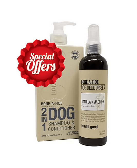 Vanilla + Jasmine 2 in 1 Dog Shampoo & Conditioner 450ml + Dog Deodoriser Pamper pack